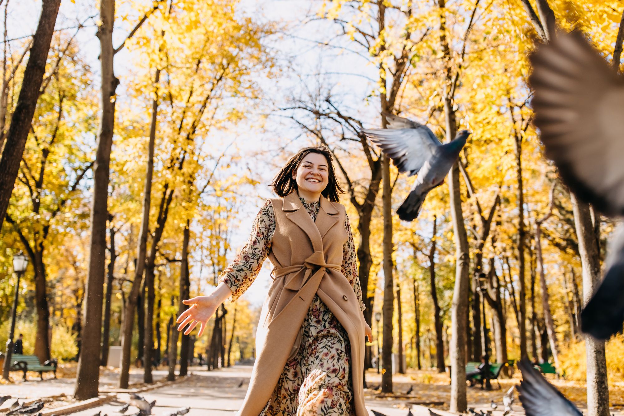 Woman walks through Central Park with pigeons in flight