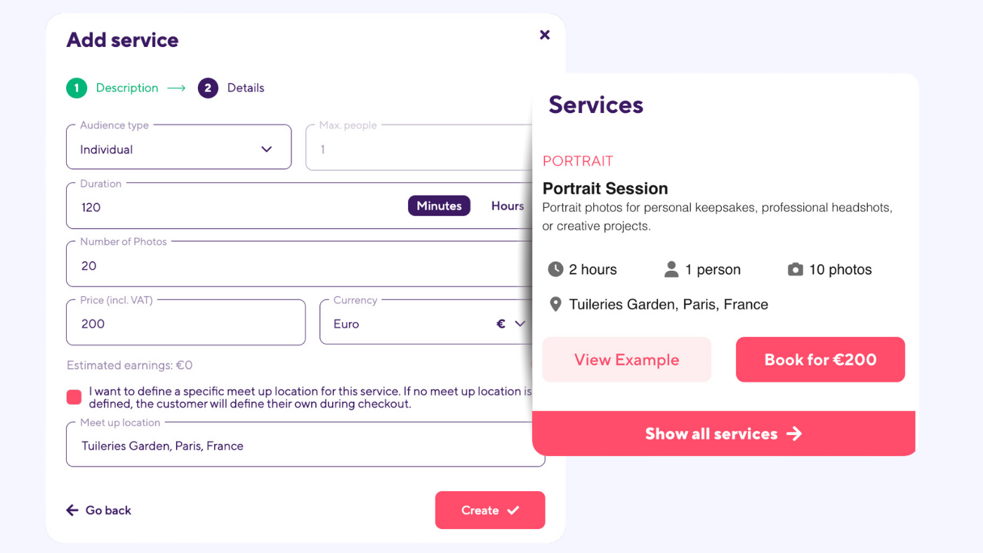 Screenshot of Smiler's online booking tool for photographers